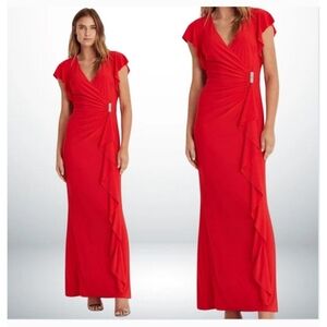 Lauren Ralph Lauren Red Ruffle Gown Dress 18 Fit & Flare Maxi Draped Brooch
